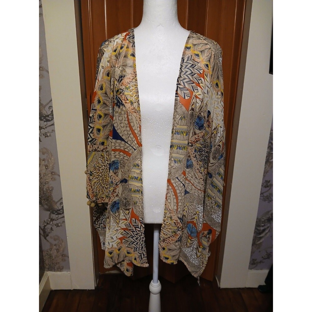 Umgee Boho Feather Print Cover up with pompom sleeves S/M NWOT - Picture 1 of 11
